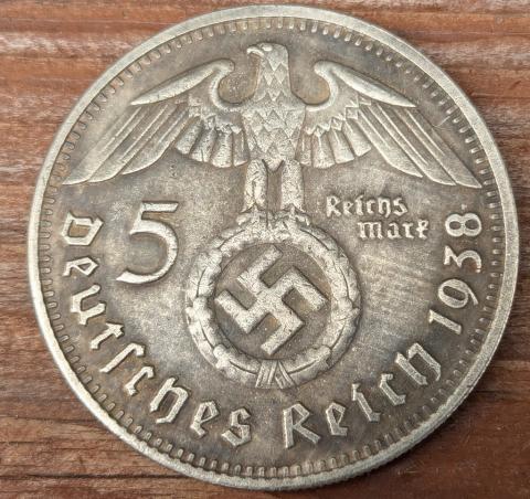 WW2 GERMAN NAZI very large Hindenburg COIN 5 reichs mark THIRD REICH ORIGINAL PERIOD WAR COIN