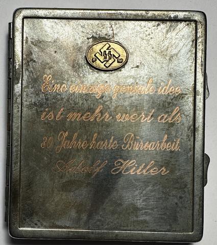 WW2 German Nazi WAFFEN SS member personal cigarette case Adolf Hitler engraved gear wwii