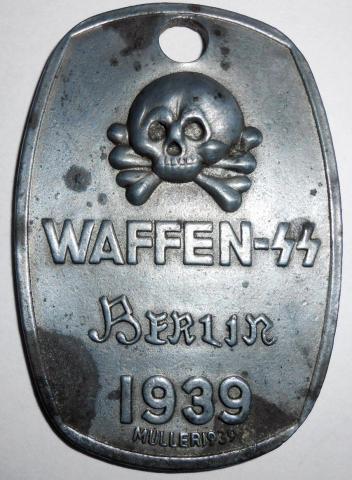 WW2 German Nazi Waffen SS Totenkopf Panzer metal badge Muller 1939