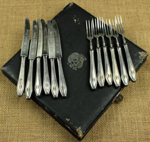 WW2 German Nazi waffen SS totenkopf skull silverware fork and knife set in case