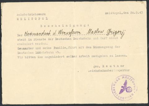 WW2 German Nazi Wehrmacht labout attestation paper train worker Bahnbetriebswerk stamped