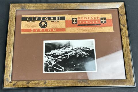 Zyklon B canister label in frame with holocaust photo Concentration Camp