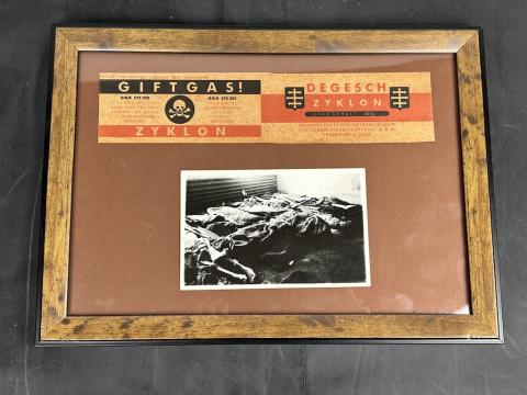Zyklon B canister label in frame with holocaust photo Concentration Camp