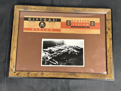 Zyklon B canister label in frame with holocaust photo Concentration Camp