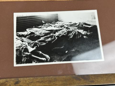 Zyklon B canister label in frame with holocaust photo Concentration Camp