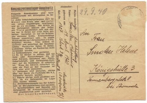 Auschwitz concentration camp inmate letter feldpost 1940 stamped Holocaust Polish Krakow