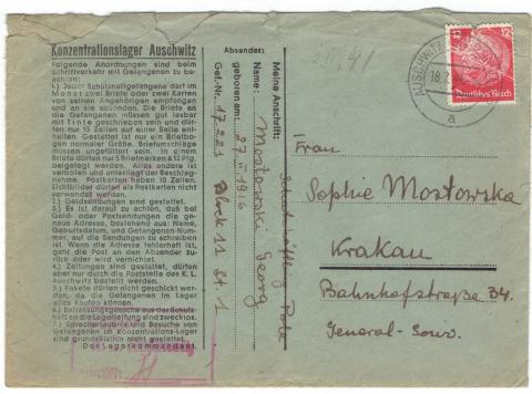 Auschwitz concentration camp inmate letter feldpost 1941 Holocaust Polish Krakow