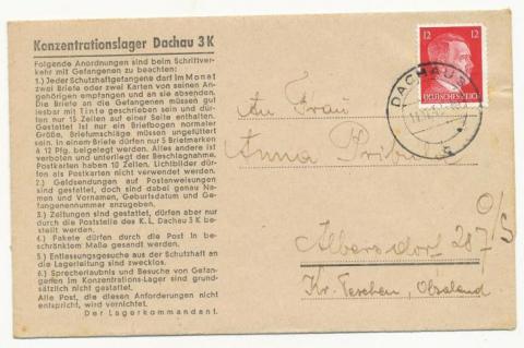 CONCENTRATION CAMP DACHAU FELDPOST LETTER 1943 holocaust inmate
