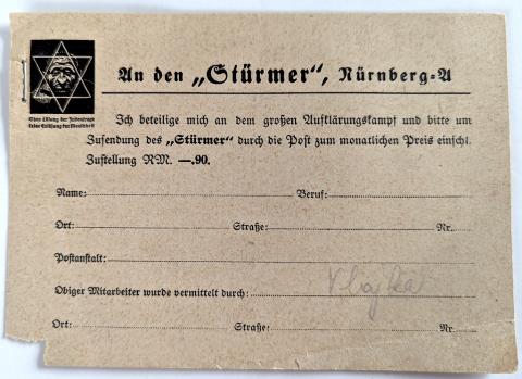 DER STURMER antisemitic magazine subscription blank card Anti Jew Jewish Holocaust