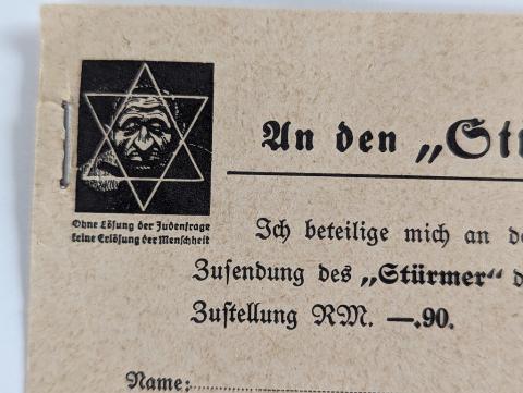 DER STURMER antisemitic magazine subscription blank card Anti Jew Jewish Holocaust