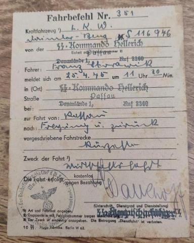 DOCUMENT WAFFEN SS officer HELLERICH, SIGNATURE HAUPTSCHARFUHRER SS stamped
