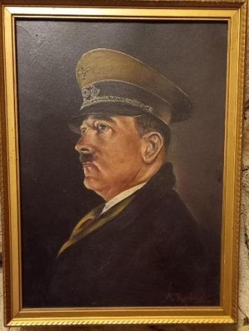 Fuhrer Adolf Hitler oil on cardboard signed painting frame stamped on back