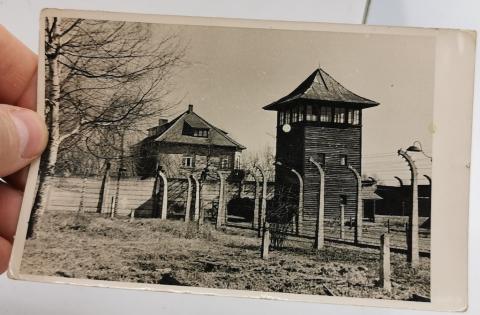 Holocaust concentration camp Auschwitz museum postcard with Polish red triangle stamp