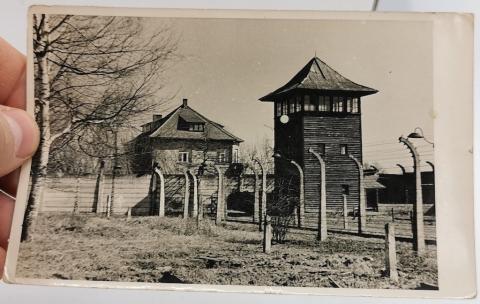 Holocaust concentration camp Auschwitz museum postcard with Polish red triangle stamp