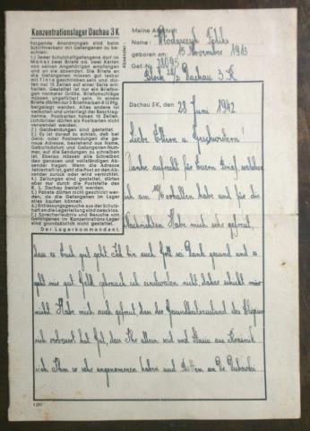 Holocaust concentration camp DACHAU feldpost inmate's letter 1941
