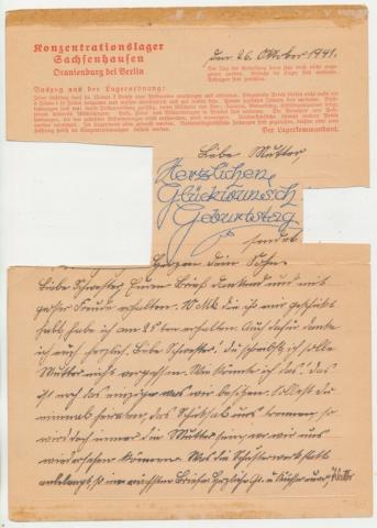Holocaust Concentration camp Sachsenhausen 1941 feldpost letter