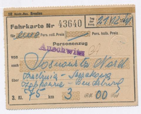 Holocaust Train ticket from Concentration camp BRESLAU to AUSCHWITZ  kz 1941 stamped