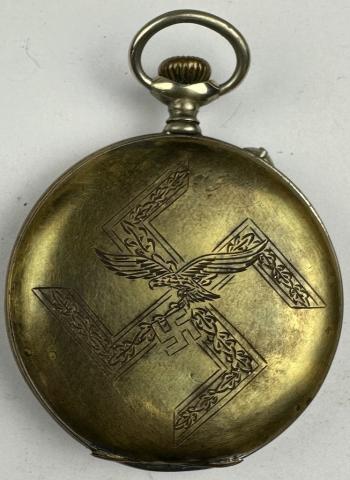 LUFTWAFFE AIR FORCE flak POCKET WATCH GOTT MIT UNS Swastika engrave