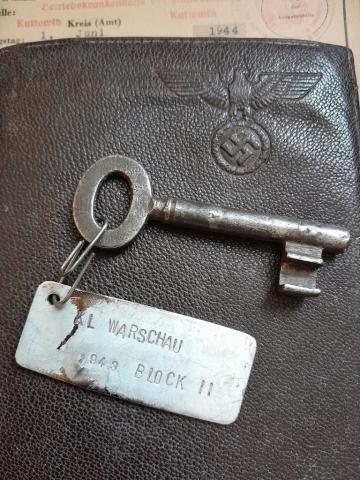 prison or concentration camp key with metal plate WARSAW 1943 block II forced labour
