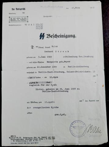 WAFFEN SS bescheinigung - certification document to become a SS stamped signed