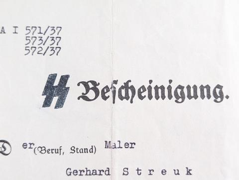 WAFFEN SS bescheinigung - certification document to become a SS stamped signed