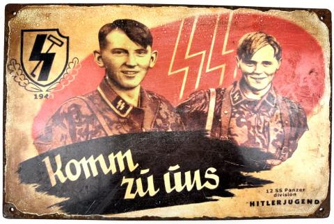 WW2 German Nazi Waffen SS 12th Panzer division recruitment metal sign Hitler youth HJ komm zu ums come join us!