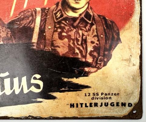 WW2 German Nazi Waffen SS 12th Panzer division recruitment metal sign Hitler youth HJ komm zu ums come join us!