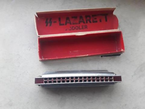 WW2 German Nazi Waffen SS lazarett marked harmonica in case