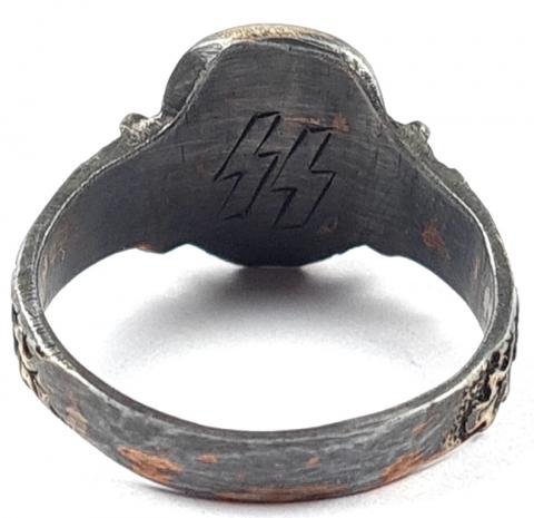 WW2 German Nazi WAFFEN SS Totenkopf Officer silver skull ring with SS runes inside