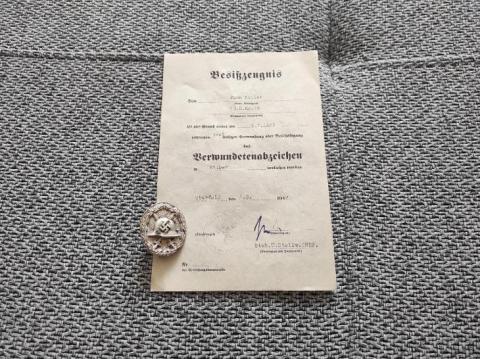WAffen SS Wehmarcht wound badge silver award document set