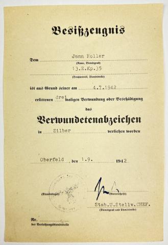WW2 German Nazi WAffen SS Wehmarcht wound badge silver award document set