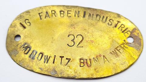 Concentration camp AUSCHWITZ III MONOWITZ IG Farben Industries forced labor fabrik metal ID