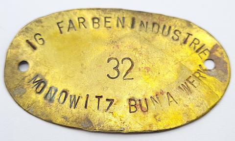 Concentration camp AUSCHWITZ III MONOWITZ IG Farben Industries forced labor fabrik metal ID