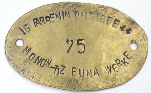 Concentration camp AUSCHWITZ III MONOWITZ IG Farben Industries forced labor fabrik metal ID