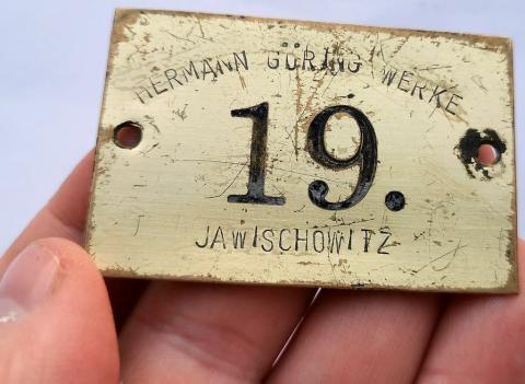 Concentration camp Auschwitz subcamp plates numbered HERMANN GORING WERKE JAWISCHOWITZ. # 19