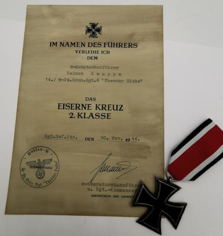 Iron cross 2nd class medal award document WAFFEN SS SOLDIER totenkopf panzer ss