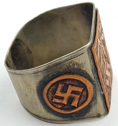 WW2 german Nazi DAK 1941 AFRIKAKORPS silver custom ring with 3 swastika, marked inside
