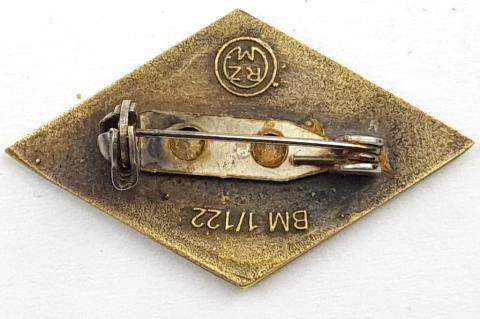 WW2 German Nazi Hitler Youth Member Golden diamond pin by RZM HJ DJ