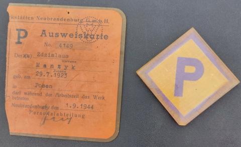 WW2 German Nazi Holocaust Forced labour Worker P patch and half ID from faktory