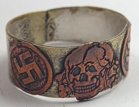 WW2 German Nazi WAFFEN SS TOTENKOPF custom kantine ring with SS skull and SS runes MARKED