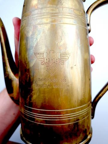 WW2 german Nazi wehrmacht silverware coffe pot large bronze with swastika, bottom marked also