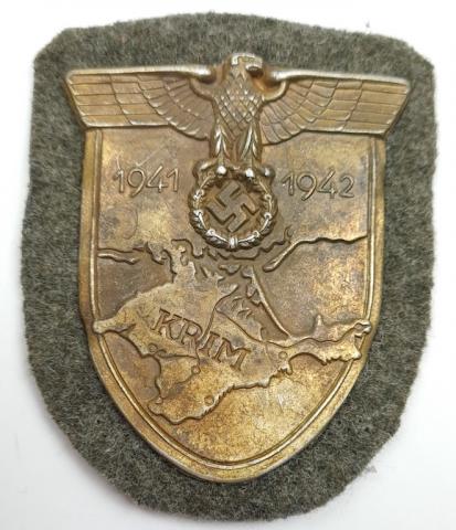 WW2 German Nazi wehrmacht Waffen SS eastern campaign Krim Shield badge award marked in back