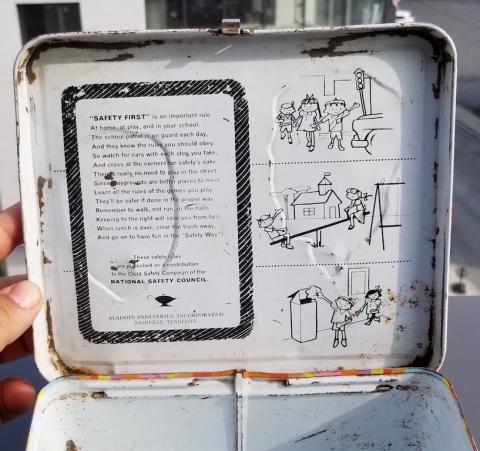 POST-WAR AMERICAN TV-SHOW LAUGH-IN - SOCK-IT-TO-ME LUNCH BOX SHOWING THE ACTOR WITH A GERMAN HEER WEHRMACHT HELMET WITH A NICE DECAL WITH SWASTIKA