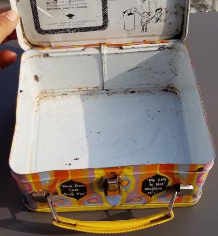 POST-WAR AMERICAN TV-SHOW LAUGH-IN - SOCK-IT-TO-ME LUNCH BOX SHOWING THE ACTOR WITH A GERMAN HEER WEHRMACHT HELMET WITH A NICE DECAL WITH SWASTIKA