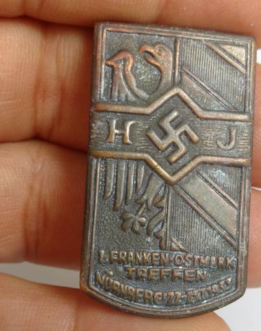 WW2 GERMAN EARLY NSDAP II REICH PARTY 1933 1ST FRANKEN-OSTMARK HJ MEETING IN NÜRNBERG BADGE PIN
