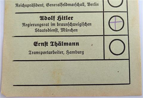 WW2 GERMAN MEGA RARE - PRE NAZI THIRD REICH NSDAP ADOLF HITLER ORIGINAL ELECTION PAPER CHOOSE YOUR PARTY! WITH HIDENBOURG - HITLER IS CHECKED! 