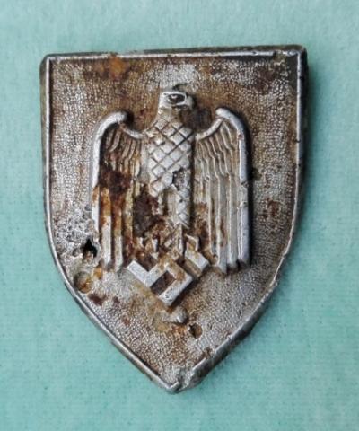 WW2 GERMAN NAZI AFRIKA KORPS HELMET INSIGNIA RELIC FOUND WITH EAGLE AND SWASTIKA