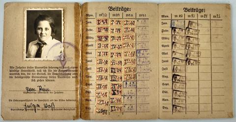 WW2 GERMAN NAZI AMAZING 4 PAGES FLIP HITLER YOUTH ID WITH CHILD PICTURE, NAME - LOT OF STAMPS - ENTRIES AND REICH STAMPS