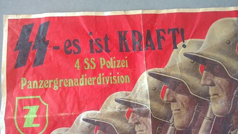 WW2 GERMAN NAZI AMAZING AND RARE WAFFEN SS POLIZEI POLICE PANZER GRENADIER DIVISION TOTENKOPF RECRUITMENT RED POSTER PROPAGANDA AMAZING!! 