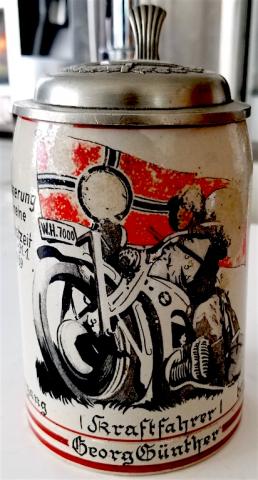 WW2 GERMAN NAZI AMAZING DENAZIFIED BEER STAIN SHOWING A NAZI SOLDIER RIDING A BMW MOTORCYCLE WITH A REICH FLAG - AMAZING FOR DISPLAY